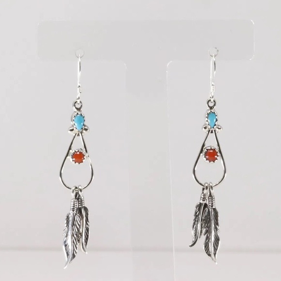 Native America Navajo Sterling Silver Coral & Turquoise Dangling Earring - Picture 1 of 4